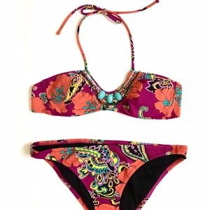 Vintage Y2K Victoria's Secret Embellished Beaded Paisley Pink Orange Boho Bikini